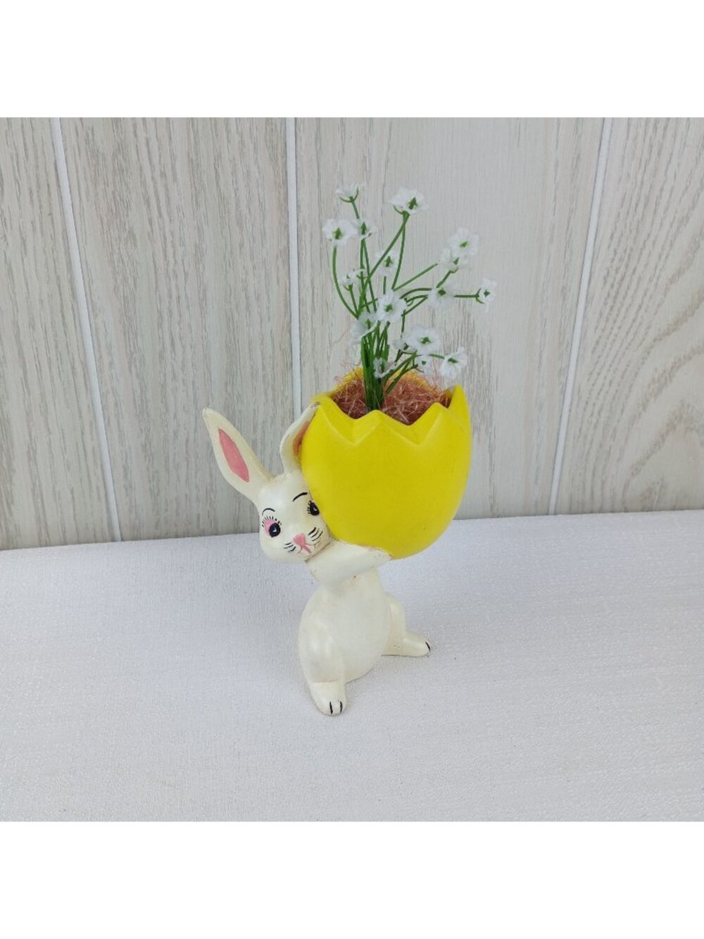 VTG Hand painted ceramic Bunny Rabbit Holding hatched yellow Egg Figurine Easter